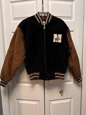 Disney Store Mickey Mouse Varsity Jacket Leather Sleeves 1928 Black Brown Sz S 2